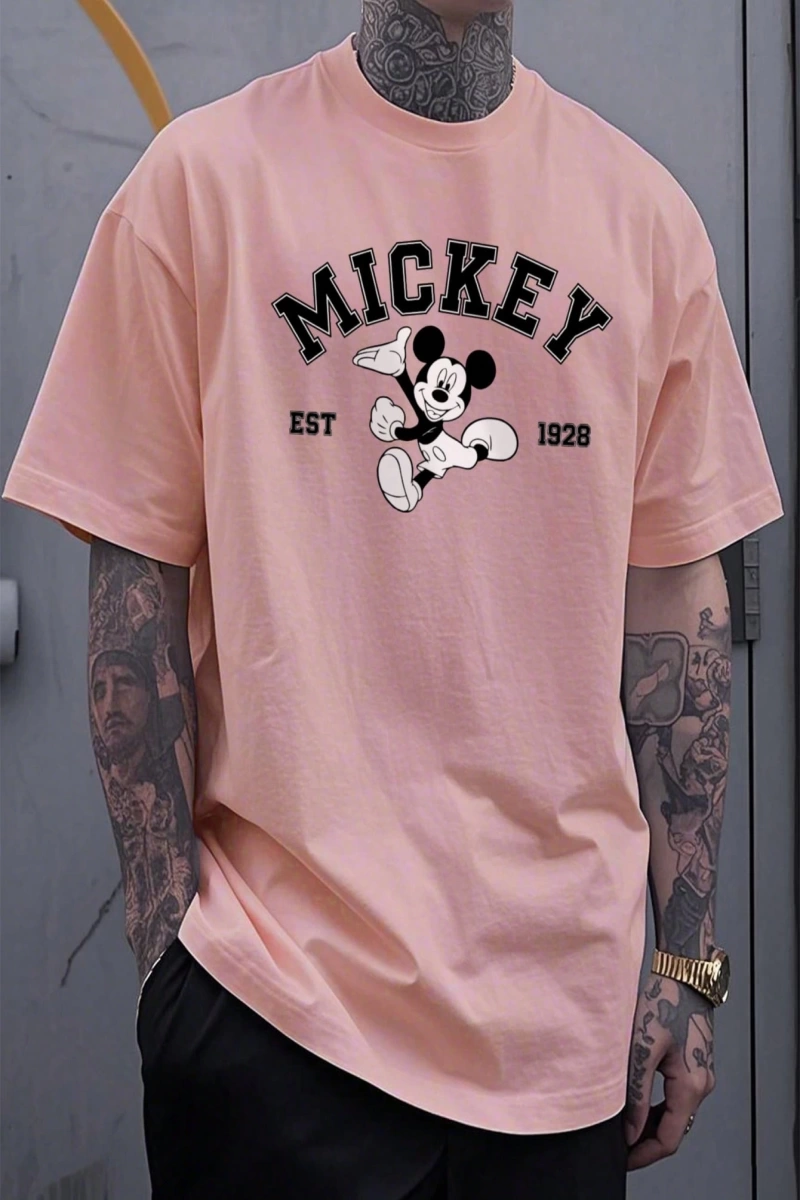 Disney Disney İşbirliği Mickey Mouse Rahat Karikatür Baskılı Kısa Kollu Tişört Erkekler İçin,