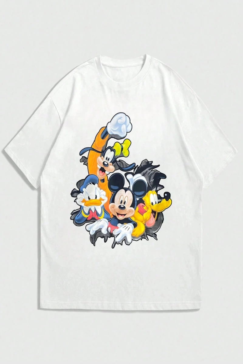 Disney Disney İşbirliği Mickey Mouse Rahat Karikatür Baskılı Kısa Kollu Tişört Erkekler İçin,