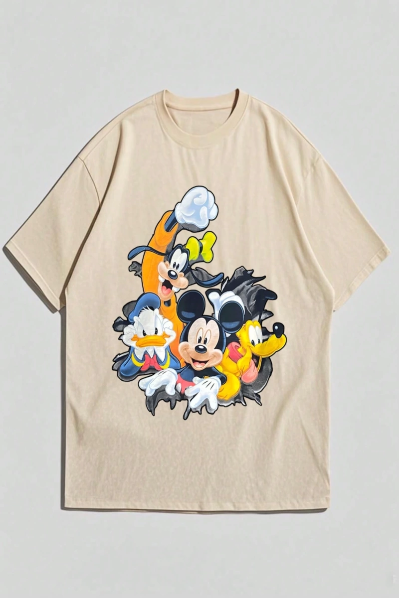 Disney Disney İşbirliği Mickey Mouse Rahat Karikatür Baskılı Kısa Kollu Tişört Erkekler İçin,