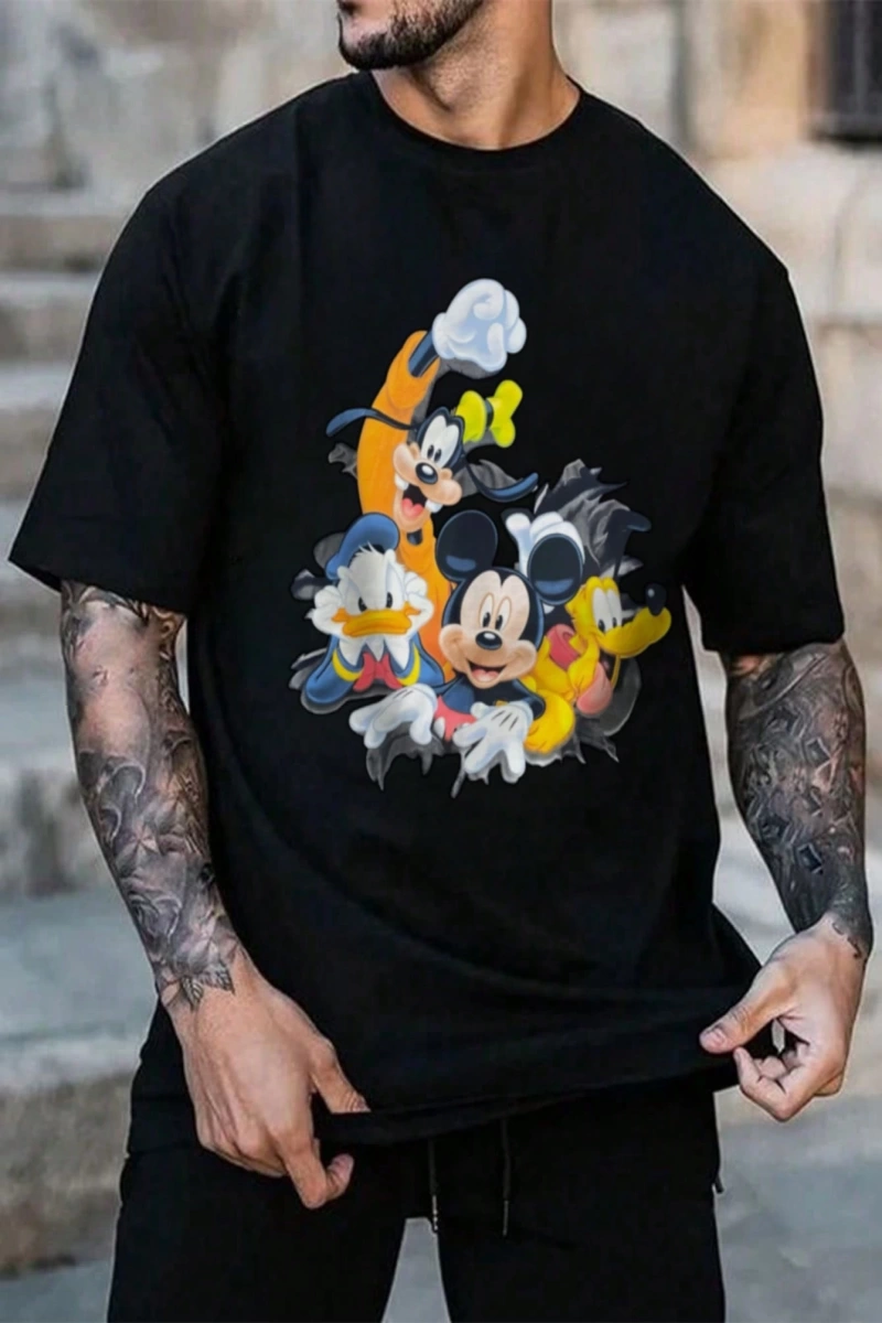 Disney Disney İşbirliği Mickey Mouse Rahat Karikatür Baskılı Kısa Kollu Tişört Erkekler İçin,