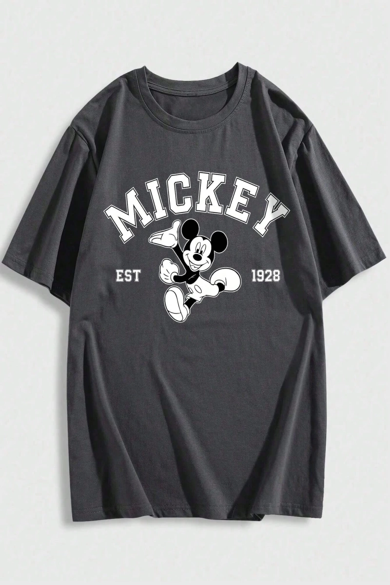 Disney Disney İşbirliği Mickey Mouse Rahat Karikatür Baskılı Kısa Kollu Tişört Erkekler İçin,