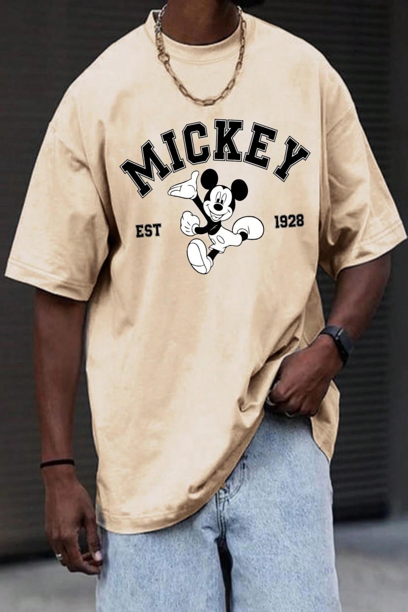 Disney Disney İşbirliği Mickey Mouse Rahat Karikatür Baskılı Kısa Kollu Tişört Erkekler İçin,