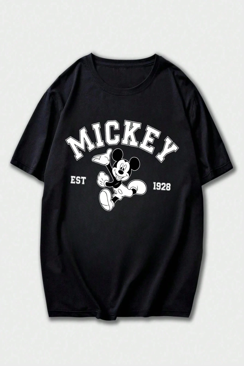 Disney Disney İşbirliği Mickey Mouse Rahat Karikatür Baskılı Kısa Kollu Tişört Erkekler İçin,