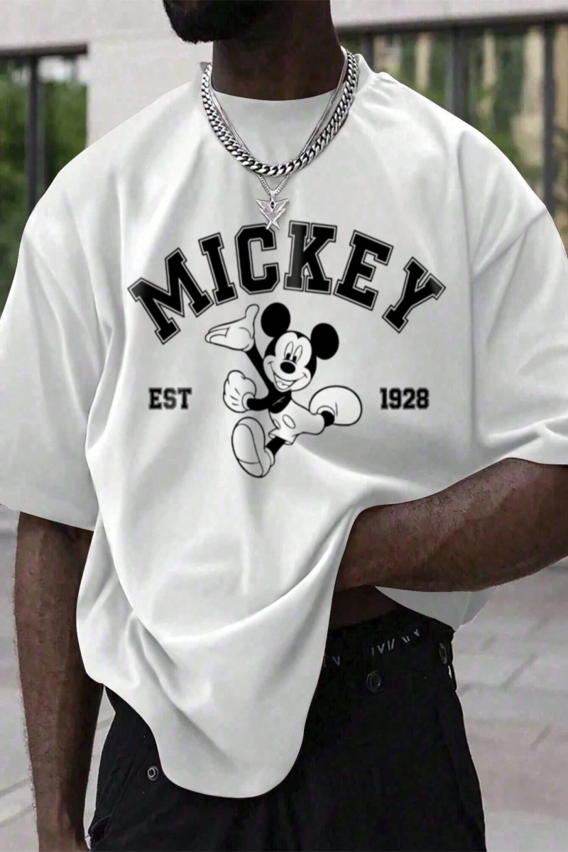Disney Disney İşbirliği Mickey Mouse Rahat Karikatür Baskılı Kısa Kollu Tişört Erkekler İçin,