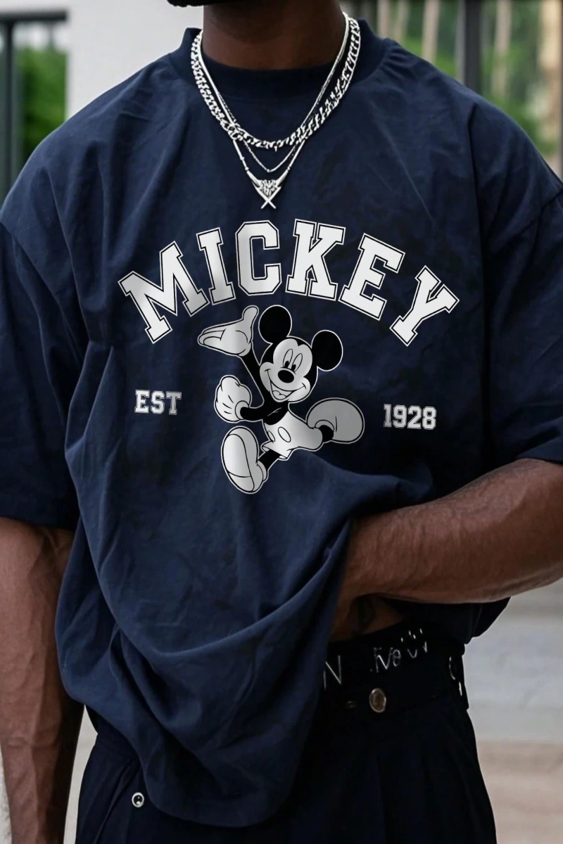 Disney Disney İşbirliği Mickey Mouse Rahat Karikatür Baskılı Kısa Kollu Tişört Erkekler İçin,