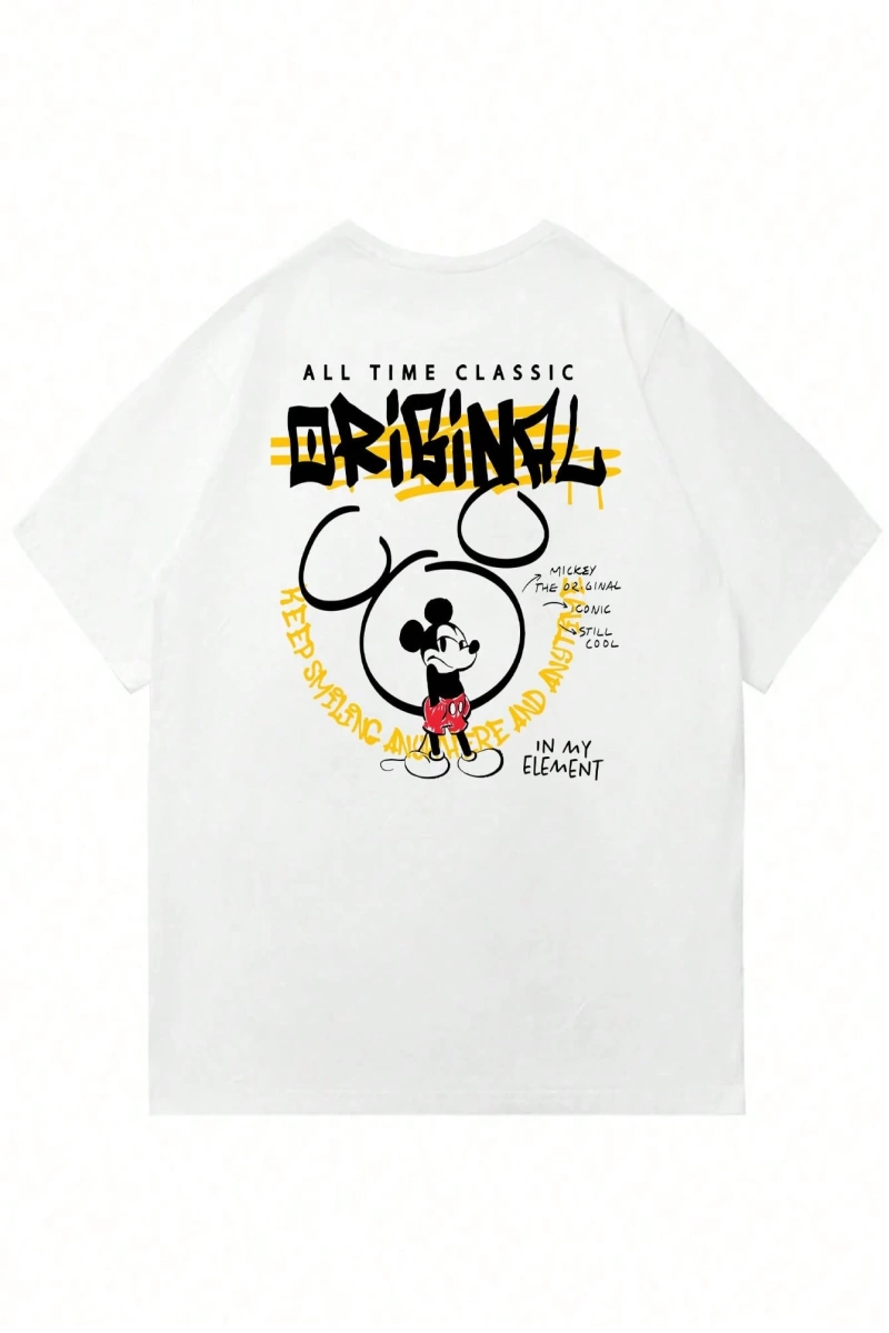 Disney Disney İşbirliği Mickey Mouse Rahat Karikatür Baskılı Kısa Kollu Tişört Erkekler İçin,