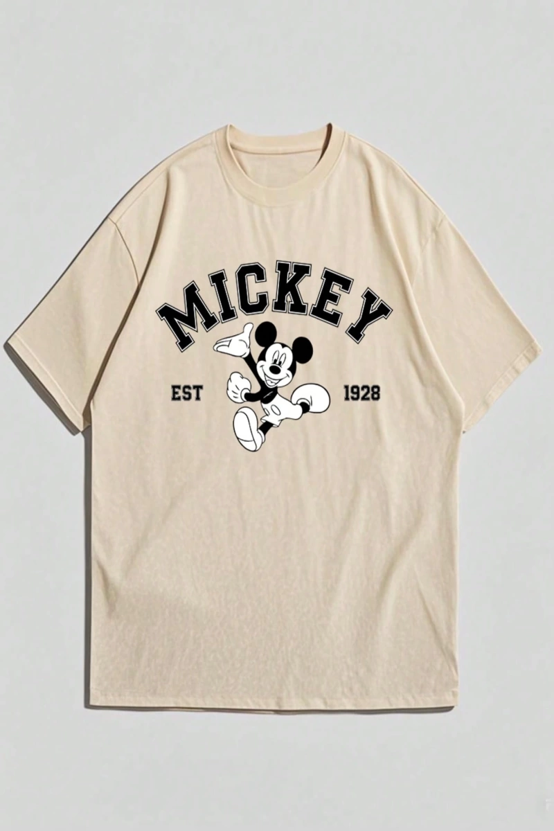 Disney Disney İşbirliği Mickey Mouse Rahat Karikatür Baskılı Kısa Kollu Tişört Erkekler İçin,