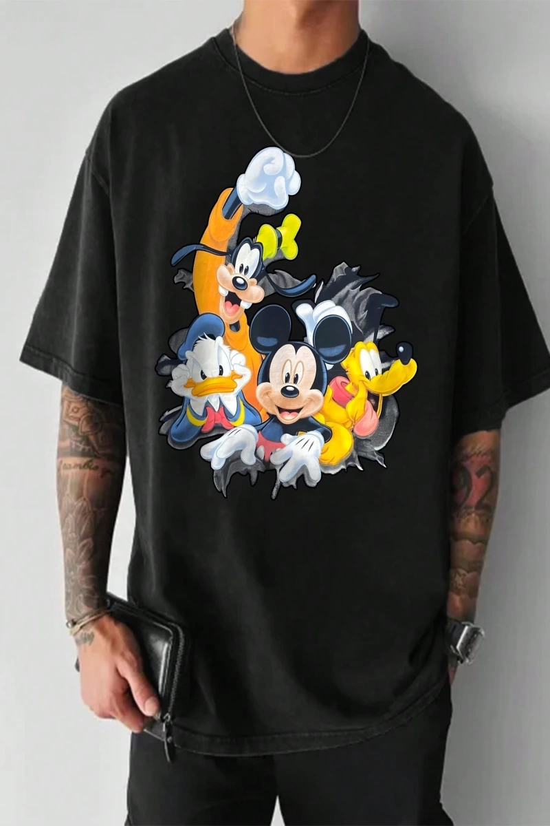 Disney Disney İşbirliği Mickey Mouse Rahat Karikatür Baskılı Kısa Kollu Tişört Erkekler İçin,