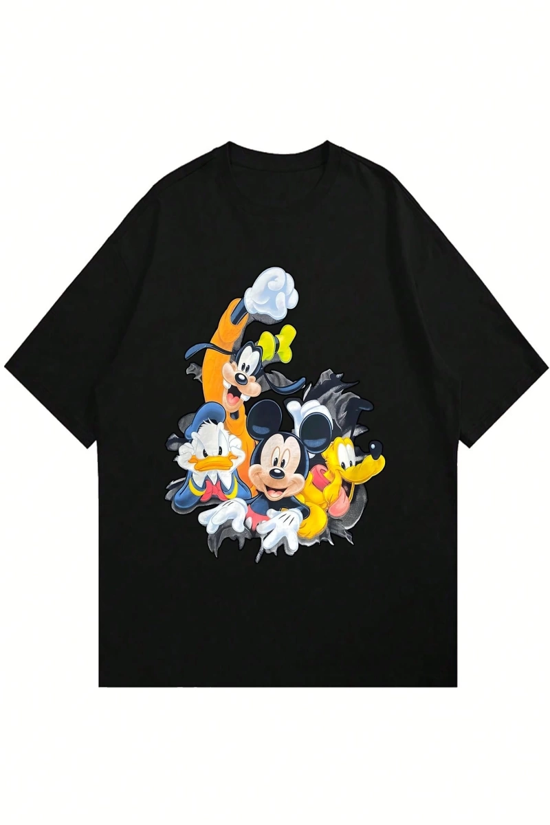 Disney Disney İşbirliği Mickey Mouse Rahat Karikatür Baskılı Kısa Kollu Tişört Erkekler İçin,