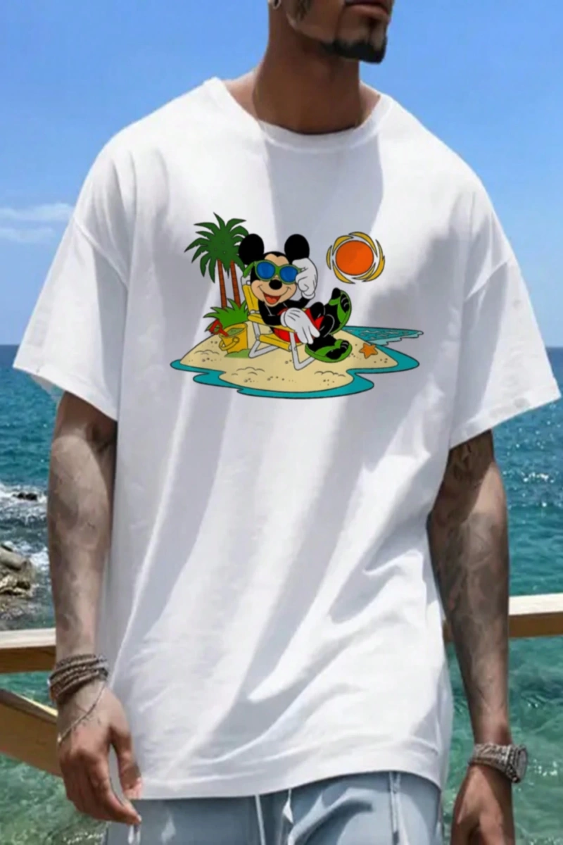 Disney Disney İşbirliği Mickey Mouse Ve Arkadaşları Erkek Rahat Karikatür Baskılı Kısa Kollu