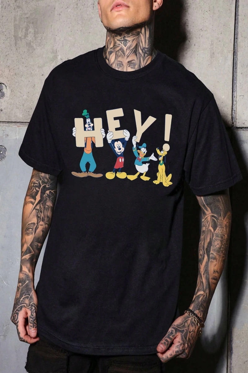 Disney Disney İşbirliği Mickey Mouse Ve Arkadaşları Erkek Rahat Karikatür Baskılı Kısa Kollu