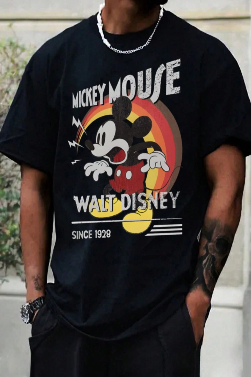 Disney Disney İşbirliği Mickey Mouse Ve Arkadaşları Erkek Rahat Karikatür Baskılı Kısa Kollu
