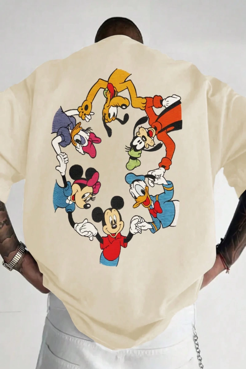 Disney Disney İşbirliği Mickey Mouse ve Arkadaşları Rahat Karikatür Baskılı Kısa Kollu Tişört