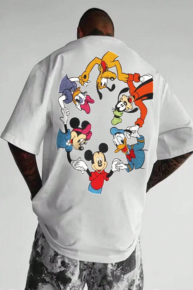 Disney Disney İşbirliği Mickey Mouse ve Arkadaşları Rahat Karikatür Baskılı Kısa Kollu Tişört