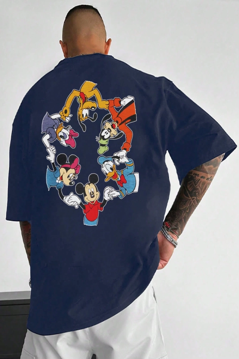 Disney Disney İşbirliği Mickey Mouse ve Arkadaşları Rahat Karikatür Baskılı Kısa Kollu Tişört