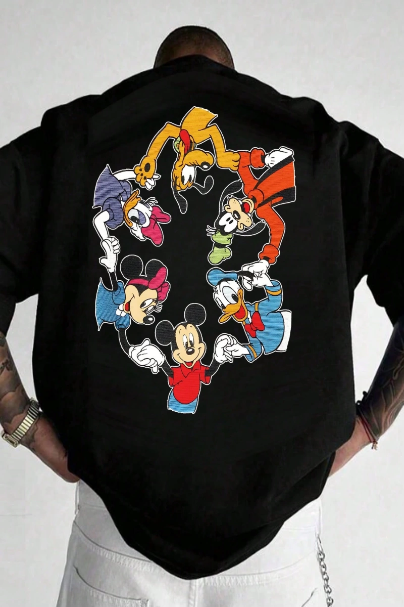 Disney Disney İşbirliği Mickey Mouse ve Arkadaşları Rahat Karikatür Baskılı Kısa Kollu Tişört