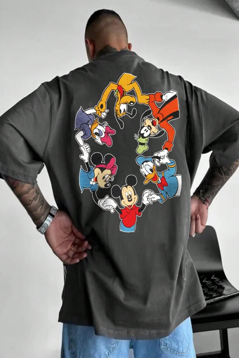 Disney Disney İşbirliği Mickey Mouse ve Arkadaşları Rahat Karikatür Baskılı Kısa Kollu Tişört