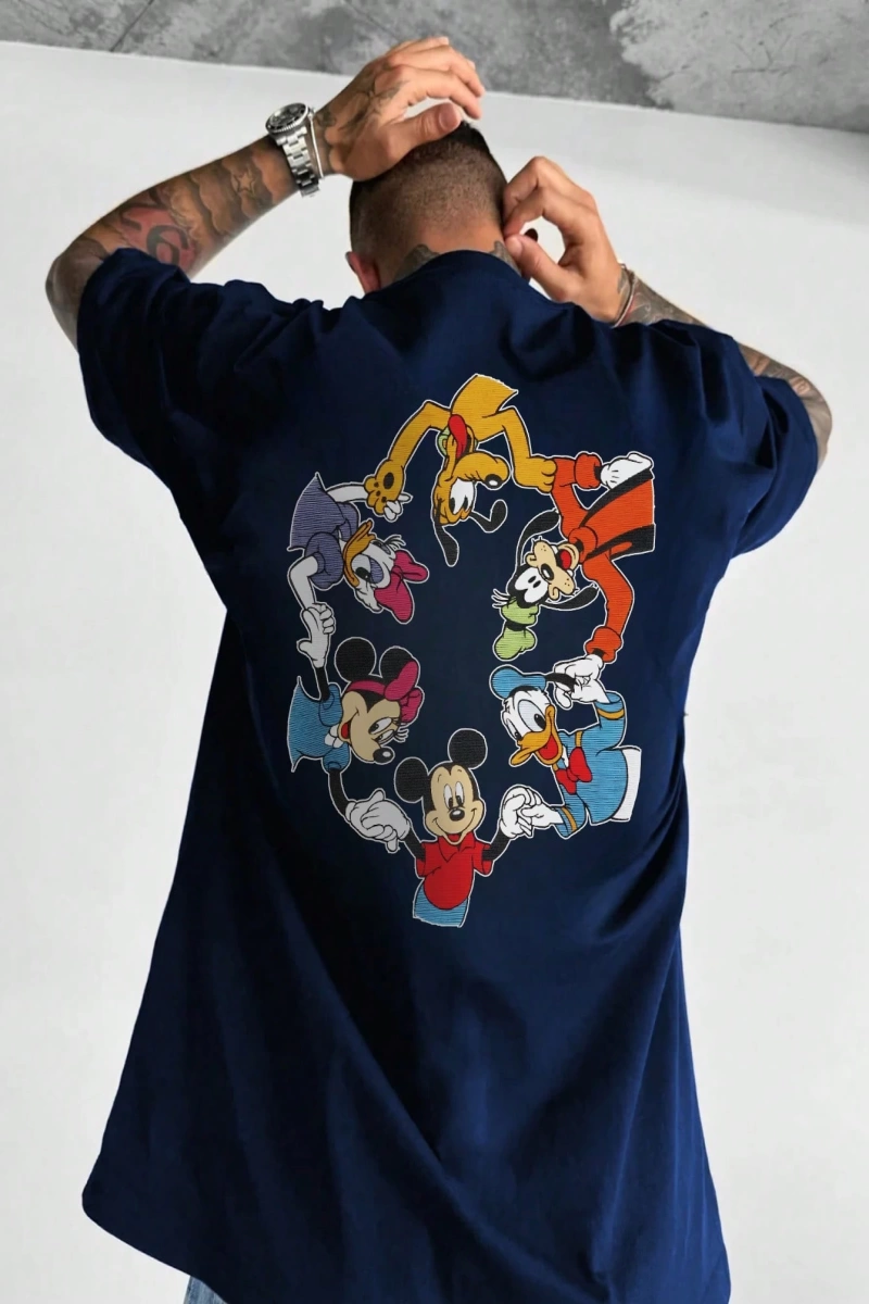 Disney Disney İşbirliği Mickey Mouse ve Arkadaşları Rahat Karikatür Baskılı Kısa Kollu Tişört