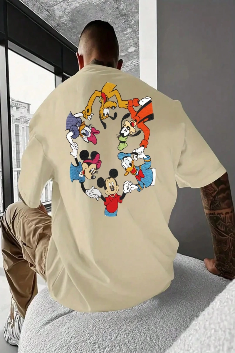 Disney Disney İşbirliği Mickey Mouse ve Arkadaşları Rahat Karikatür Baskılı Kısa Kollu Tişört