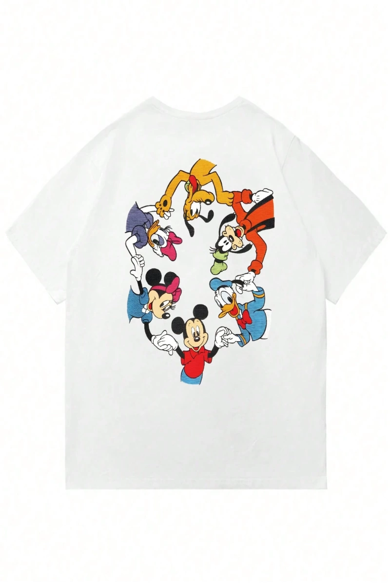 Disney Disney İşbirliği Mickey Mouse ve Arkadaşları Rahat Karikatür Baskılı Kısa Kollu Tişört
