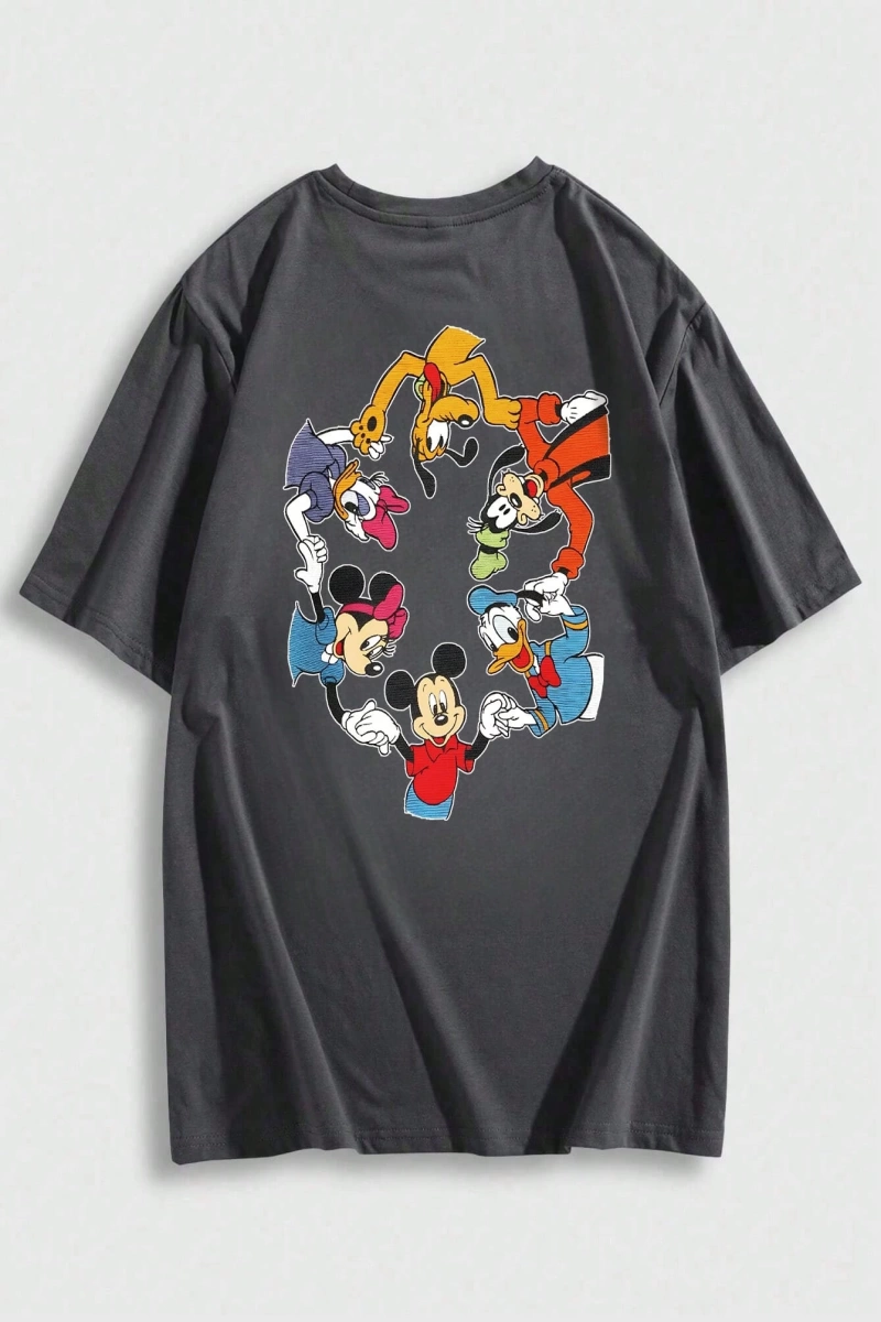 Disney Disney İşbirliği Mickey Mouse ve Arkadaşları Rahat Karikatür Baskılı Kısa Kollu Tişört