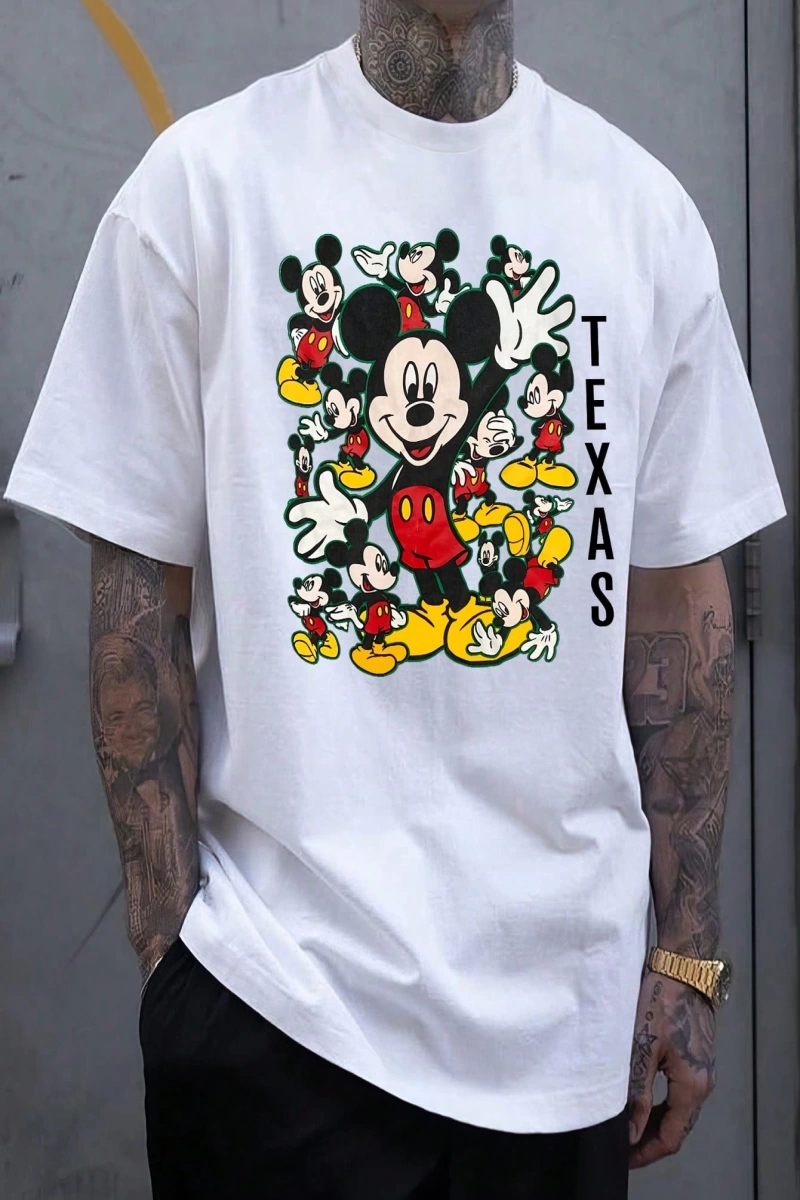 Disney Disney İşbirliği Mickey Mouse Yaz Erkek Günlük Karikatür Baskılı Kısa Kollu Tişört