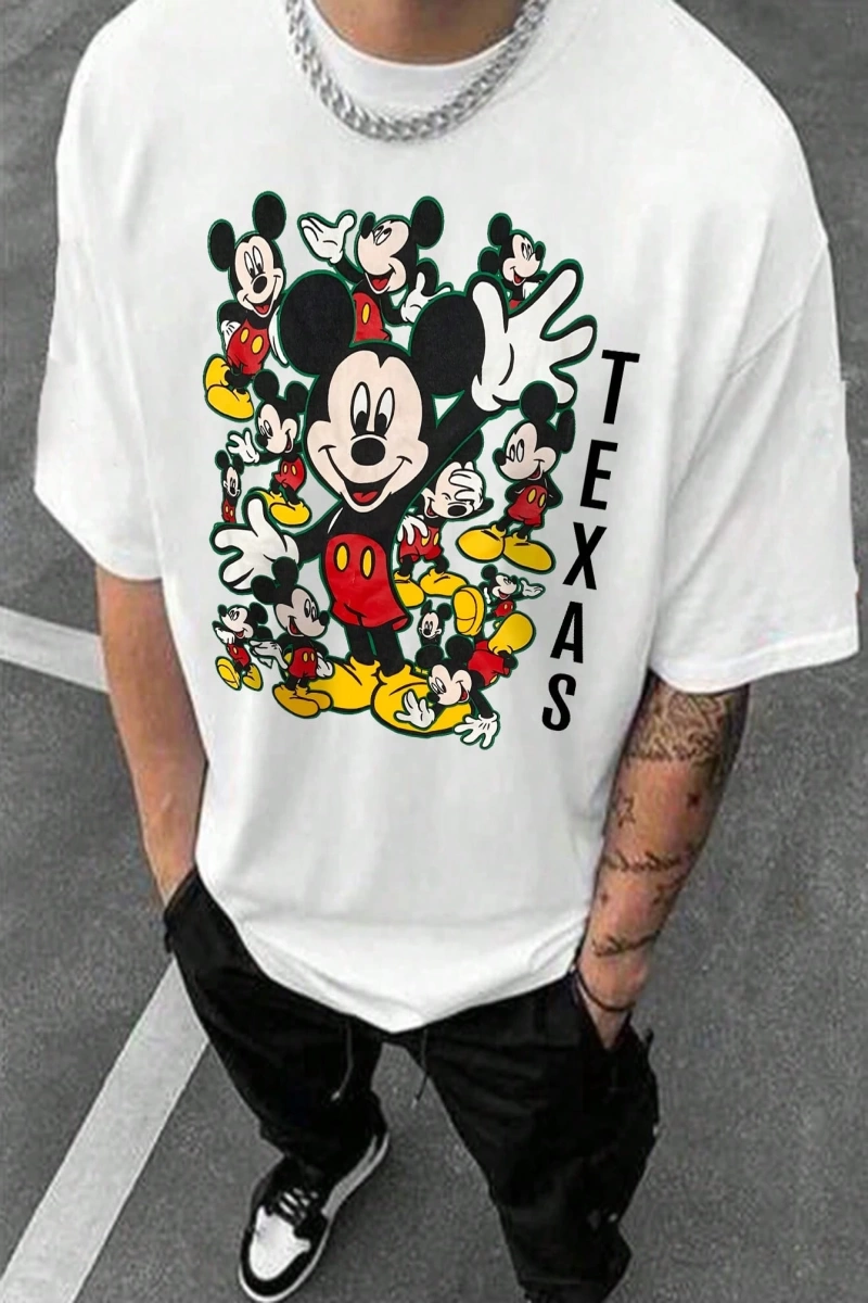 Disney Disney İşbirliği Mickey Mouse Yaz Erkek Günlük Karikatür Baskılı Kısa Kollu Tişört