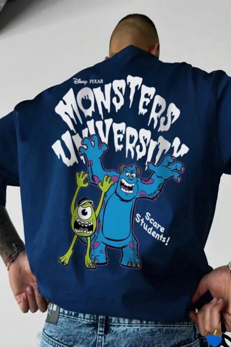 Disney Disney İşbirliği Mike Wazowski ve James P. Sullivan Karikatür Baskılı Kısa Kollu Tişör