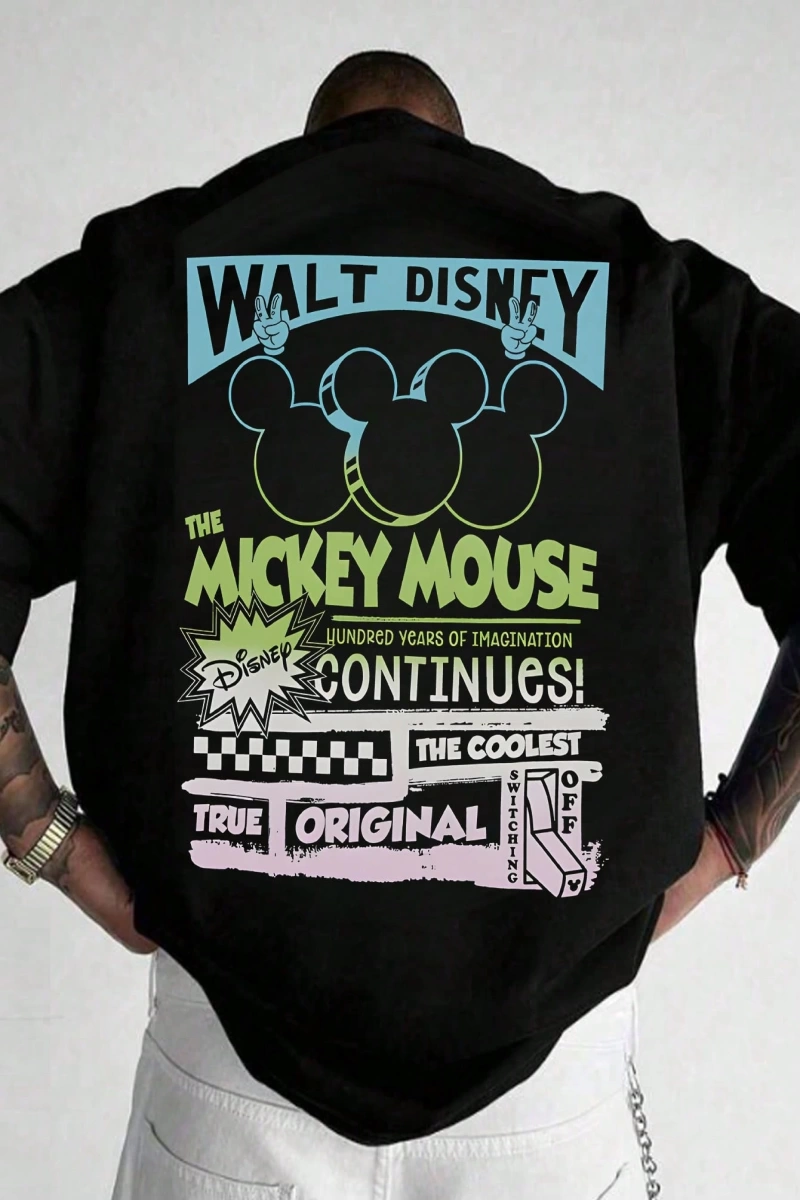 Disney Disney Mickey Mouse Çizgi Film Baskılı Kısa Kollu Rahat Tişört Erkekler İçin, Yaz
