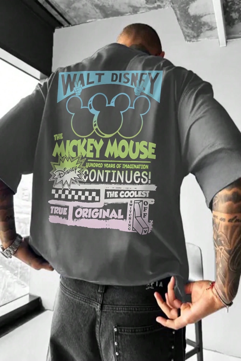 Disney Disney Mickey Mouse Çizgi Film Baskılı Kısa Kollu Rahat Tişört Erkekler İçin, Yaz