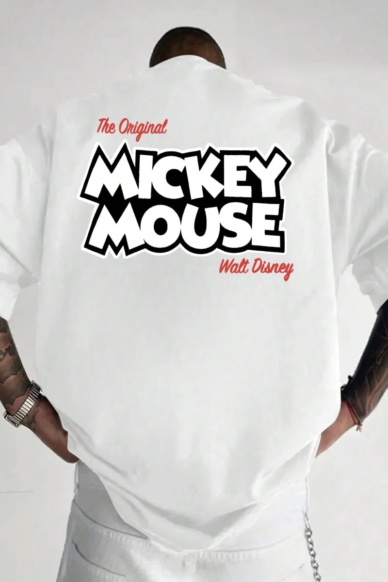 Disney Disney Mickey Mouse İşbirliği Erkek Rahat Yaz Karikatür Baskılı Kısa Kollu Tişört