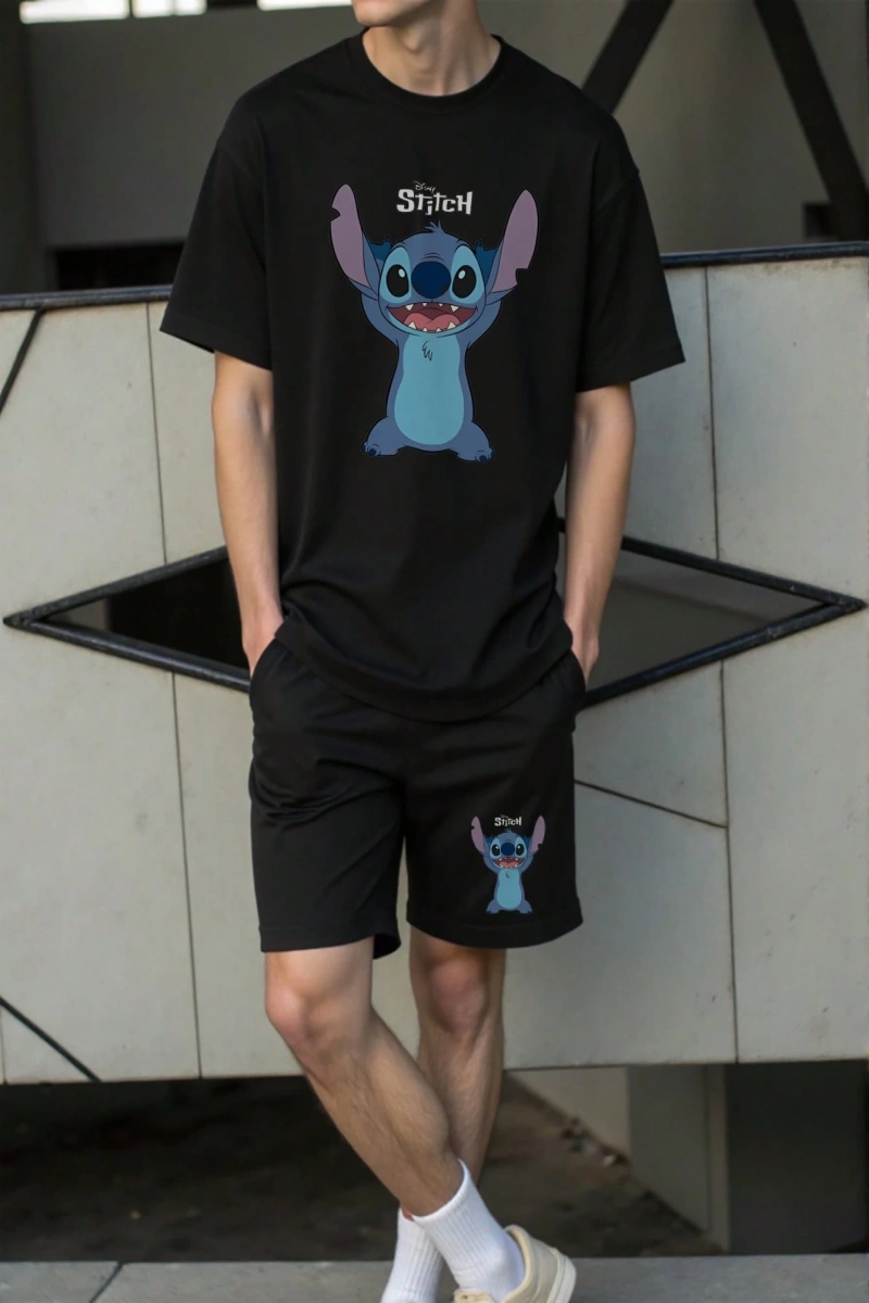 Disney Disney Stitch Karikatür Baskılı Erkek Rahat Kısa Kollu Tişört ve Şort Takımı,
