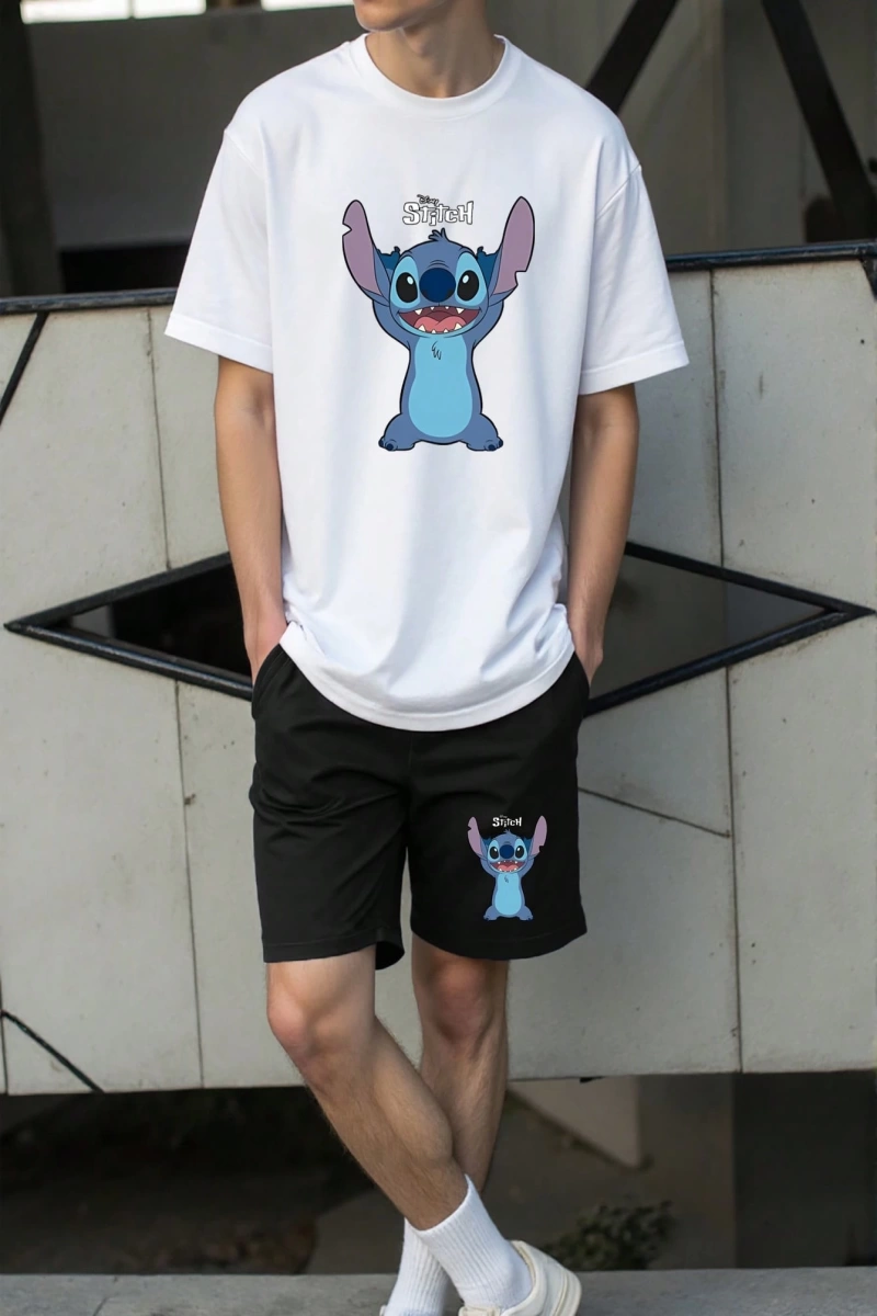 Disney Disney Stitch Karikatür Baskılı Erkek Rahat Kısa Kollu Tişört ve Şort Takımı,