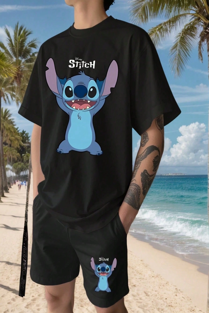Disney Disney Stitch Karikatür Baskılı Erkek Rahat Kısa Kollu Tişört ve Şort Takımı,
