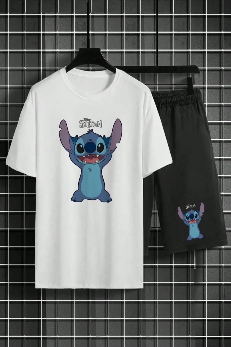 Disney Disney Stitch Karikatür Baskılı Erkek Rahat Kısa Kollu Tişört ve Şort Takımı,