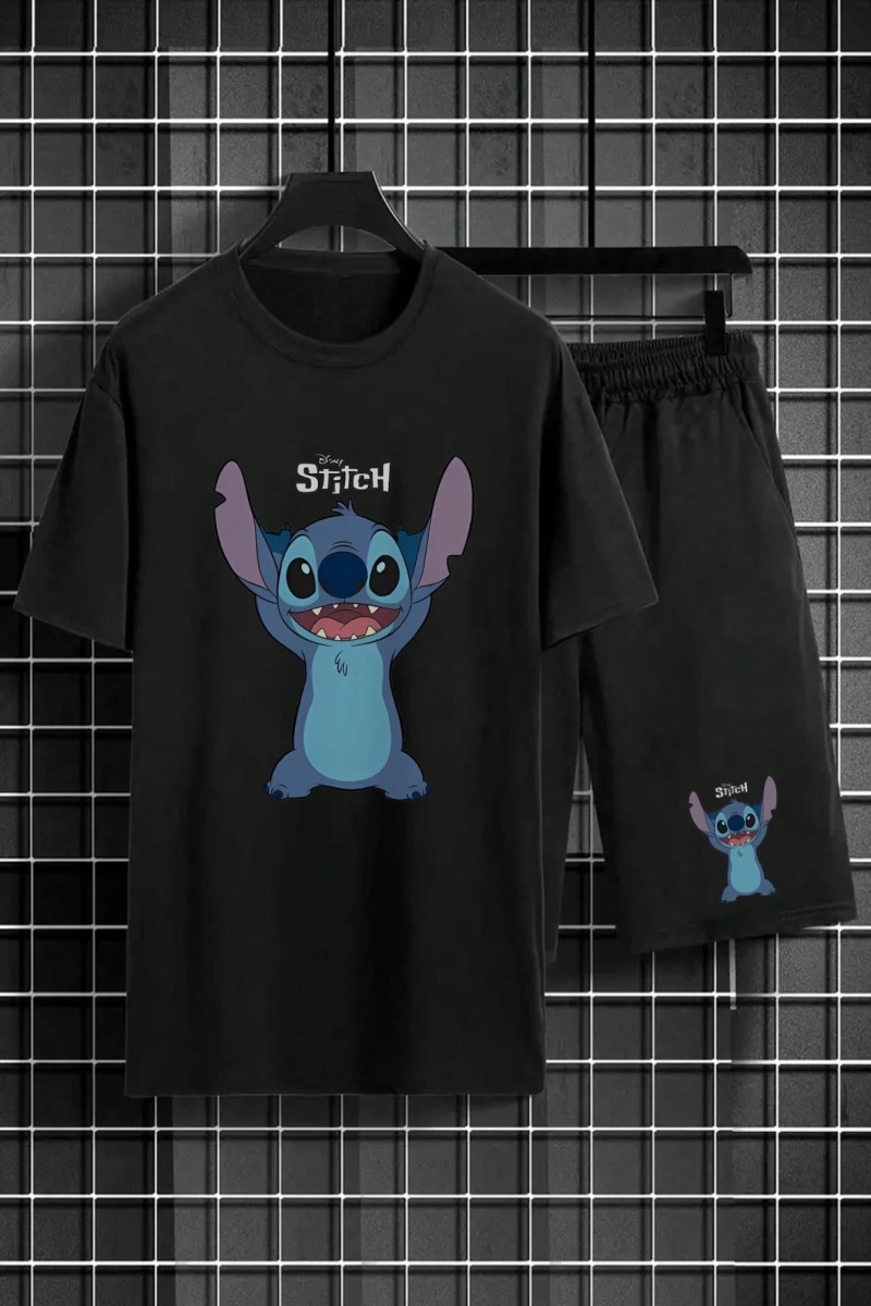 Disney Disney Stitch Karikatür Baskılı Erkek Rahat Kısa Kollu Tişört ve Şort Takımı,