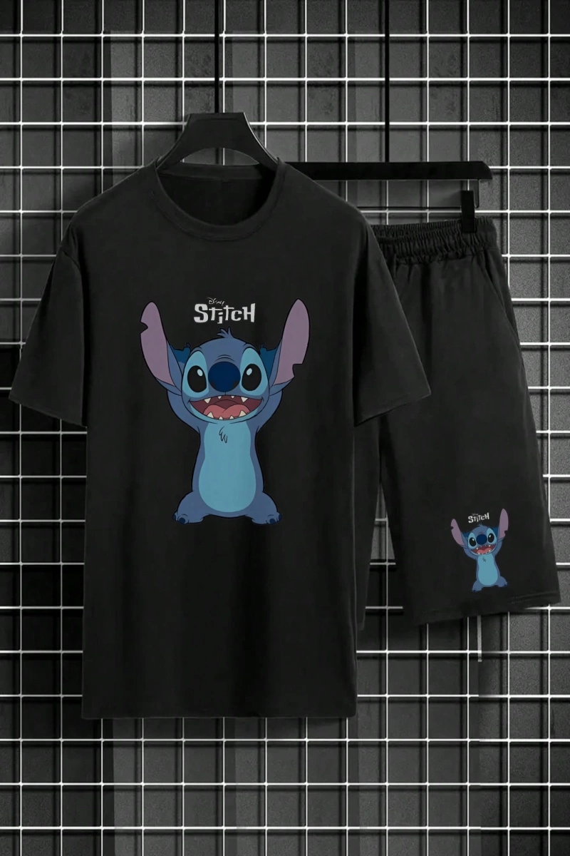 Disney Disney Stitch Karikatür Baskılı Erkek Rahat Kısa Kollu Tişört ve Şort Takımı,