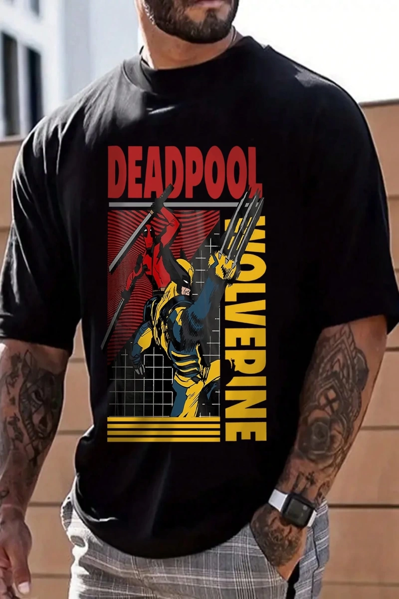 Disney Disney X Marvel Deadpool Ve Wolverine Grafik Baskılı Kısa Kollu Tişört Erkekler İçin,