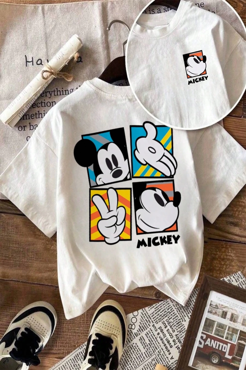 Disney Kadın Basit Sevimli Disney Karikatür Baskılı Rahat Yuvarlak Yaka Kısa Kollu Tişört, Gü