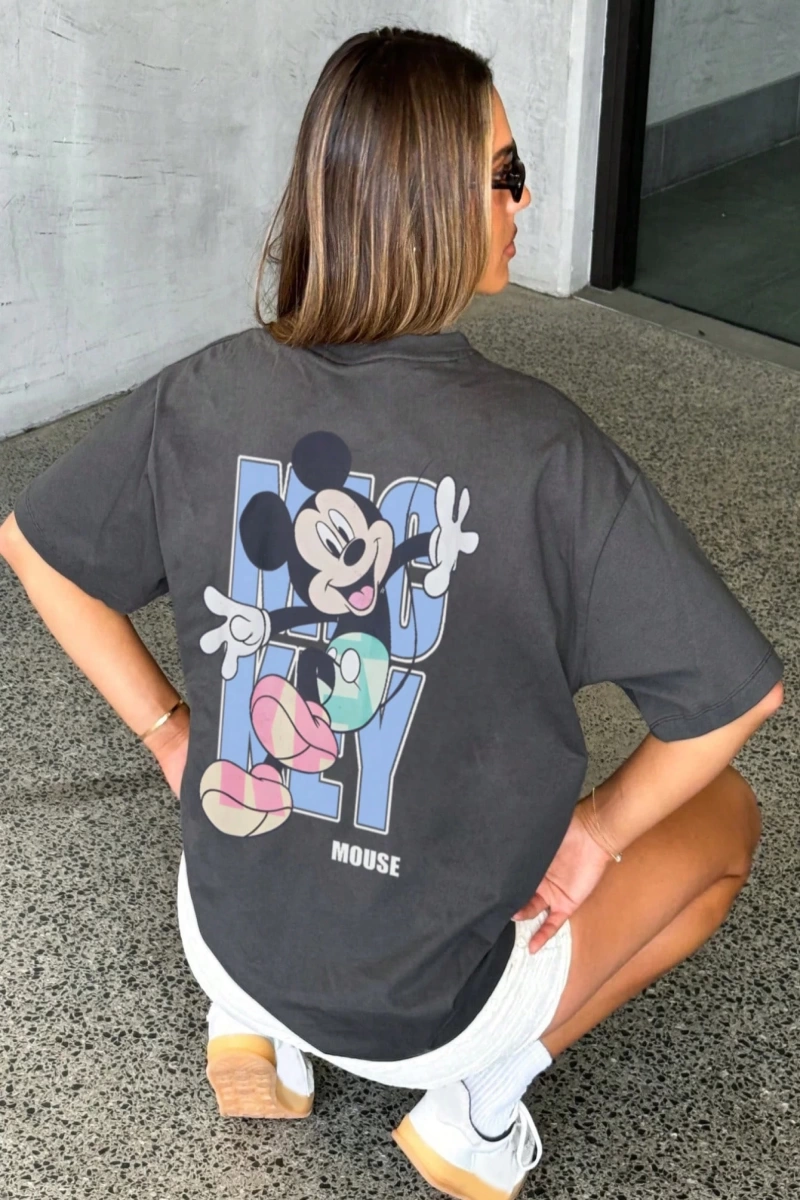 Disney Kadın Yaz Günlük Rahat Gevşek Yuvarlak Yaka Beyaz Kısa Kollu Tişört Sevimli Disne