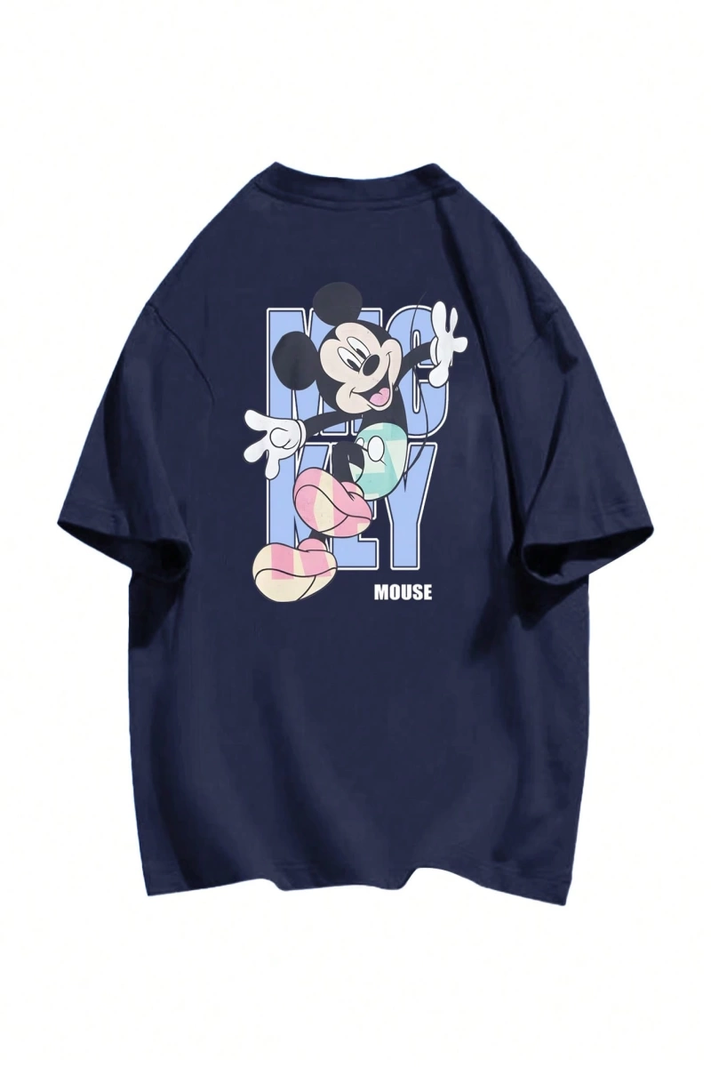 Disney Kadın Yaz Günlük Rahat Gevşek Yuvarlak Yaka Beyaz Kısa Kollu Tişört Sevimli Disne