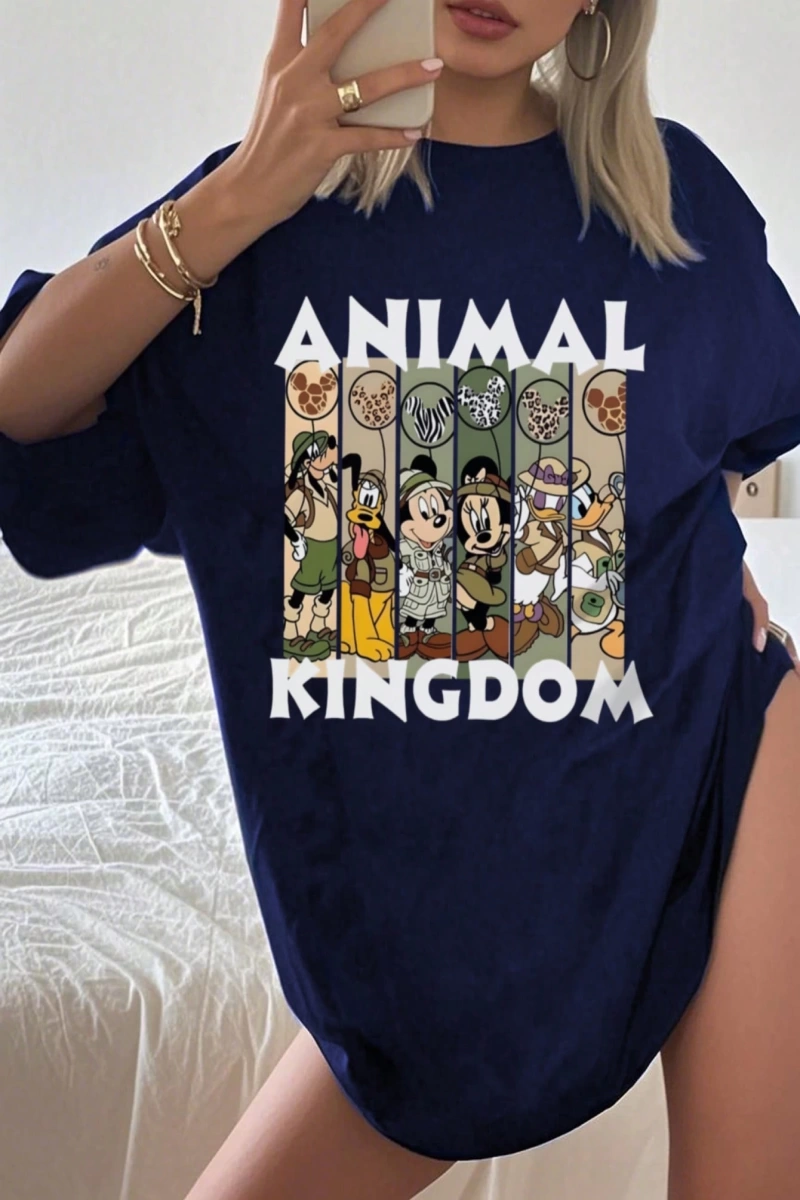 Disney Kadın Yaz Günlük Rahat Gevşek Yuvarlak Yaka Beyaz Kısa Kollu Tişört Sevimli Disne