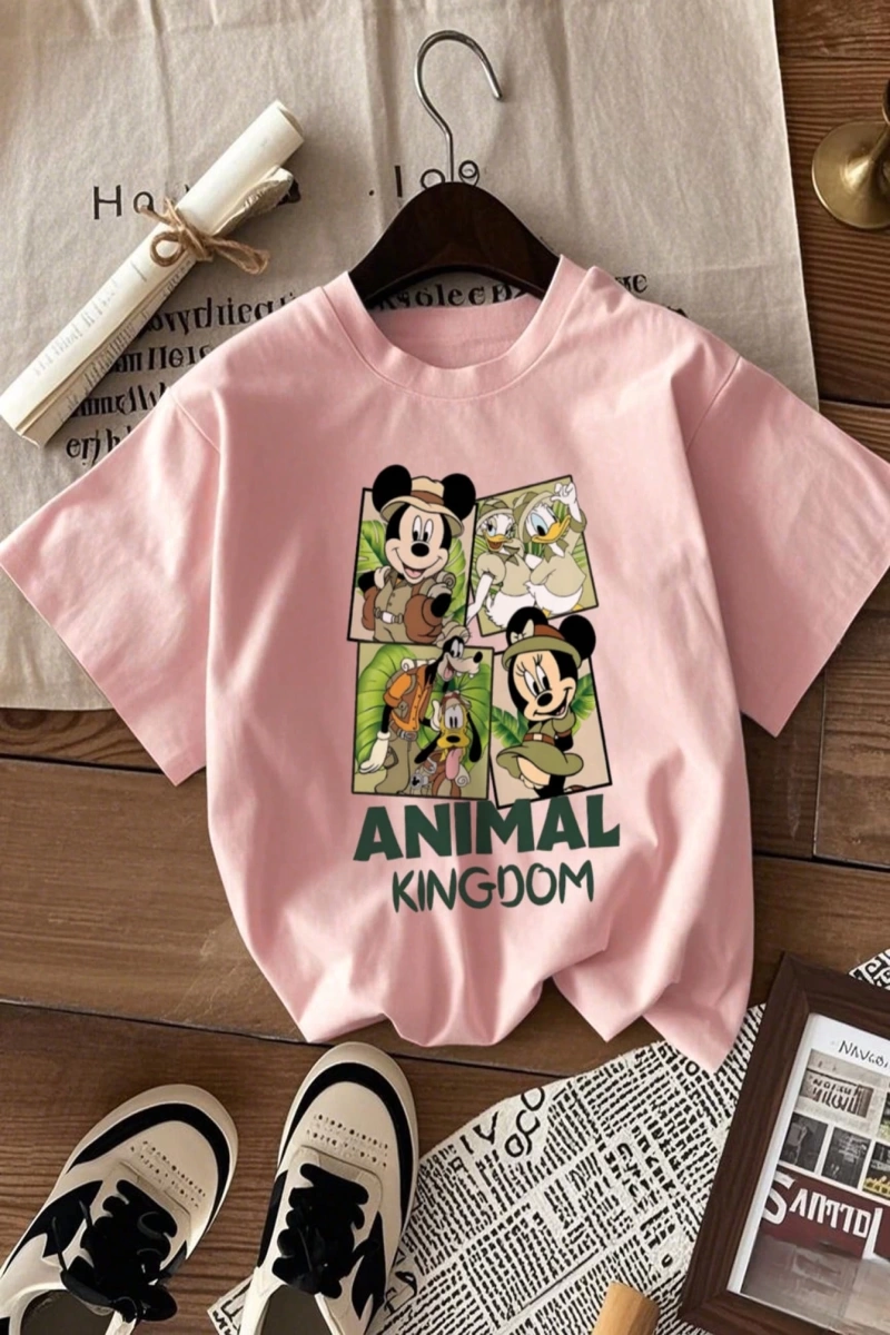 Disney Kadın Yaz Günlük Rahat Gevşek Yuvarlak Yaka Beyaz Kısa Kollu Tişört Sevimli Disne