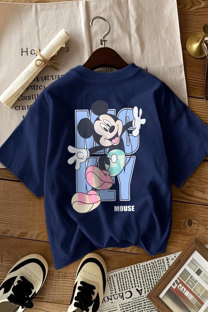 Disney Kadın Yaz Günlük Rahat Gevşek Yuvarlak Yaka Beyaz Kısa Kollu Tişört Sevimli Disne