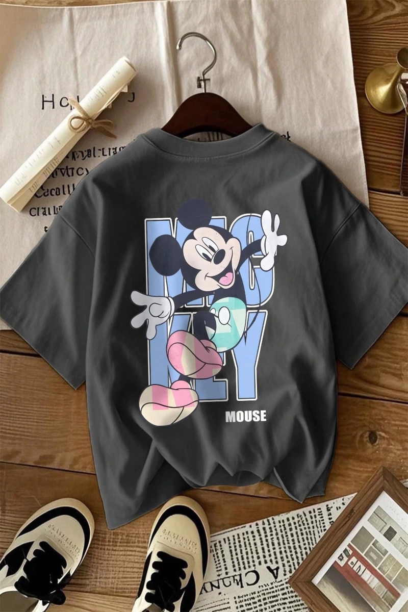 Disney Kadın Yaz Günlük Rahat Gevşek Yuvarlak Yaka Beyaz Kısa Kollu Tişört Sevimli Disne
