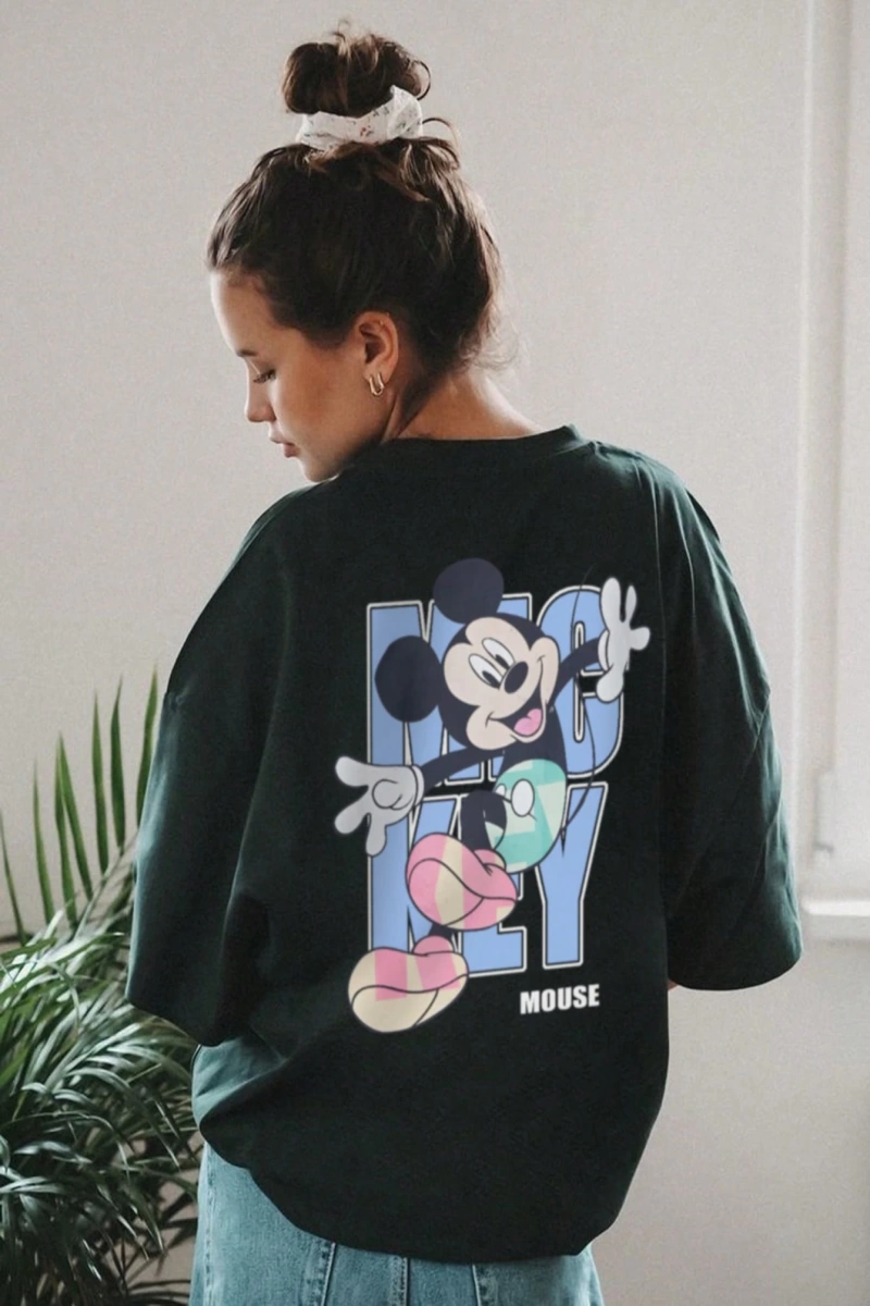 Disney Kadın Yaz Günlük Rahat Gevşek Yuvarlak Yaka Beyaz Kısa Kollu Tişört Sevimli Disne