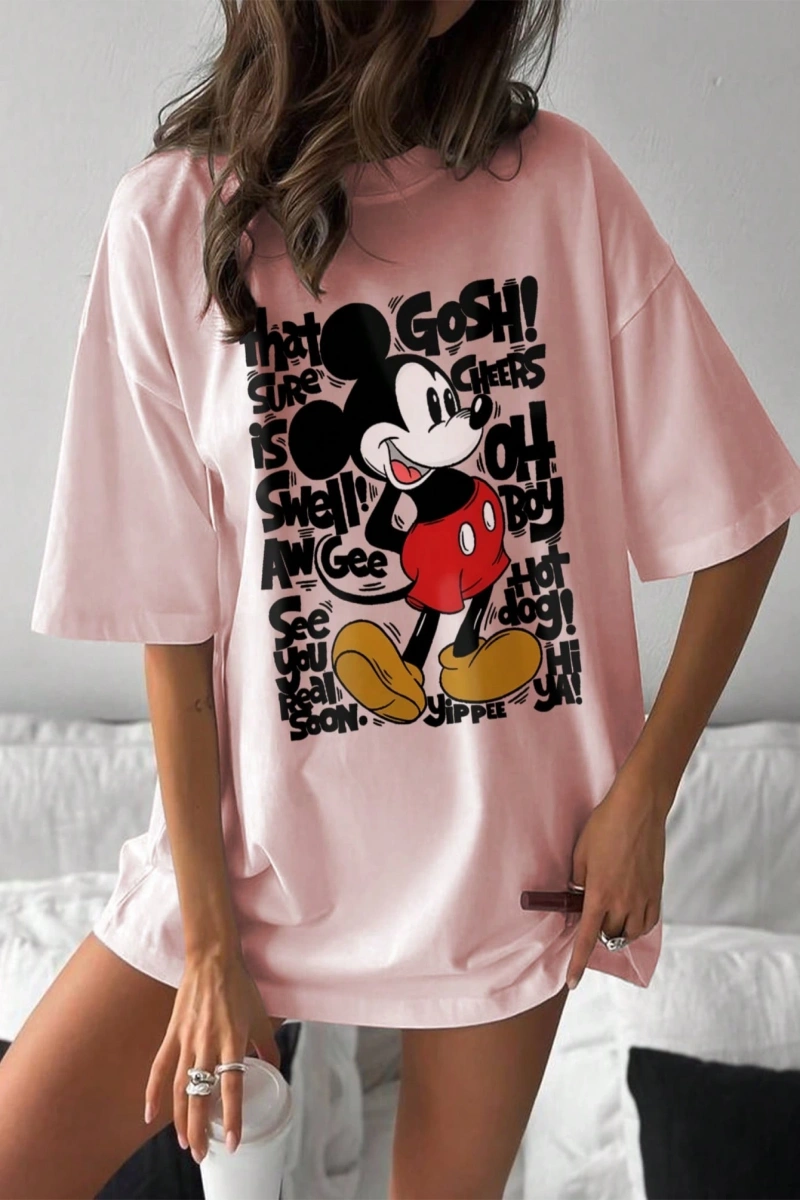 Disney Kadın Yaz Günlük Rahat Gevşek Yuvarlak Yaka Kısa Kollu Tişört Sevimli Disney Çizg