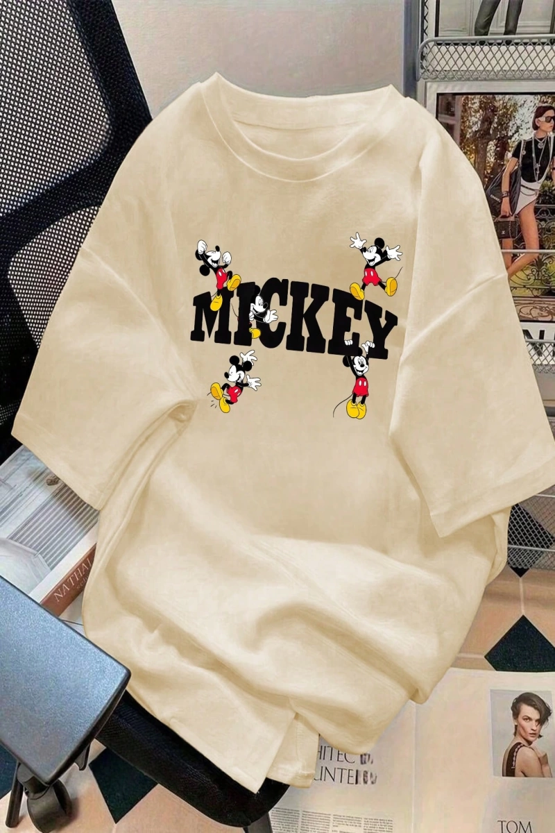 Disney Kadın Yaz Günlük Rahat Gevşek Yuvarlak Yaka Kısa Kollu Tişört Sevimli Disney Çizg