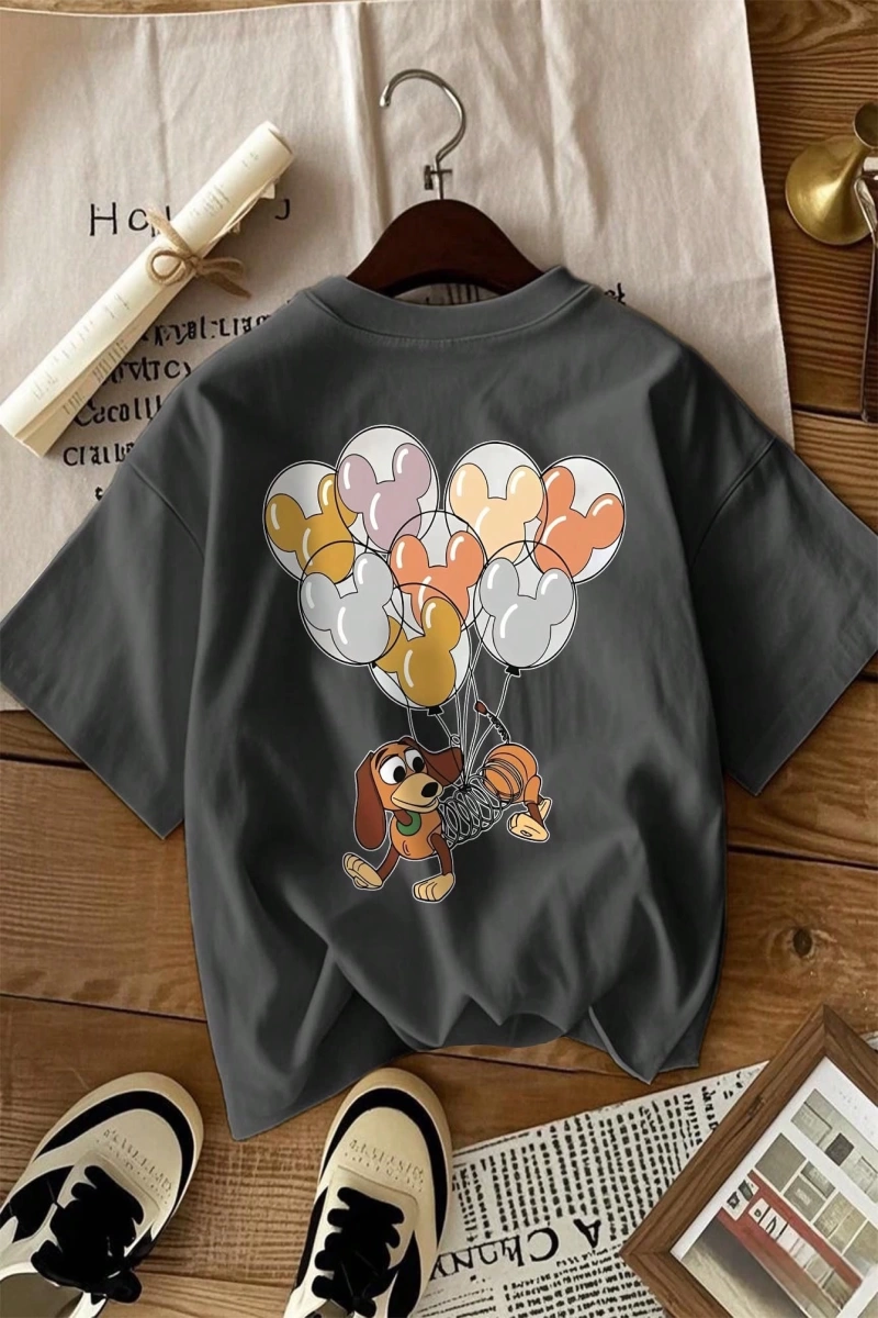 Disney Kadın Yaz Günlük Rahat Gevşek Yuvarlak Yaka Kısa Kollu Tişört Sevimli Disney Çizg