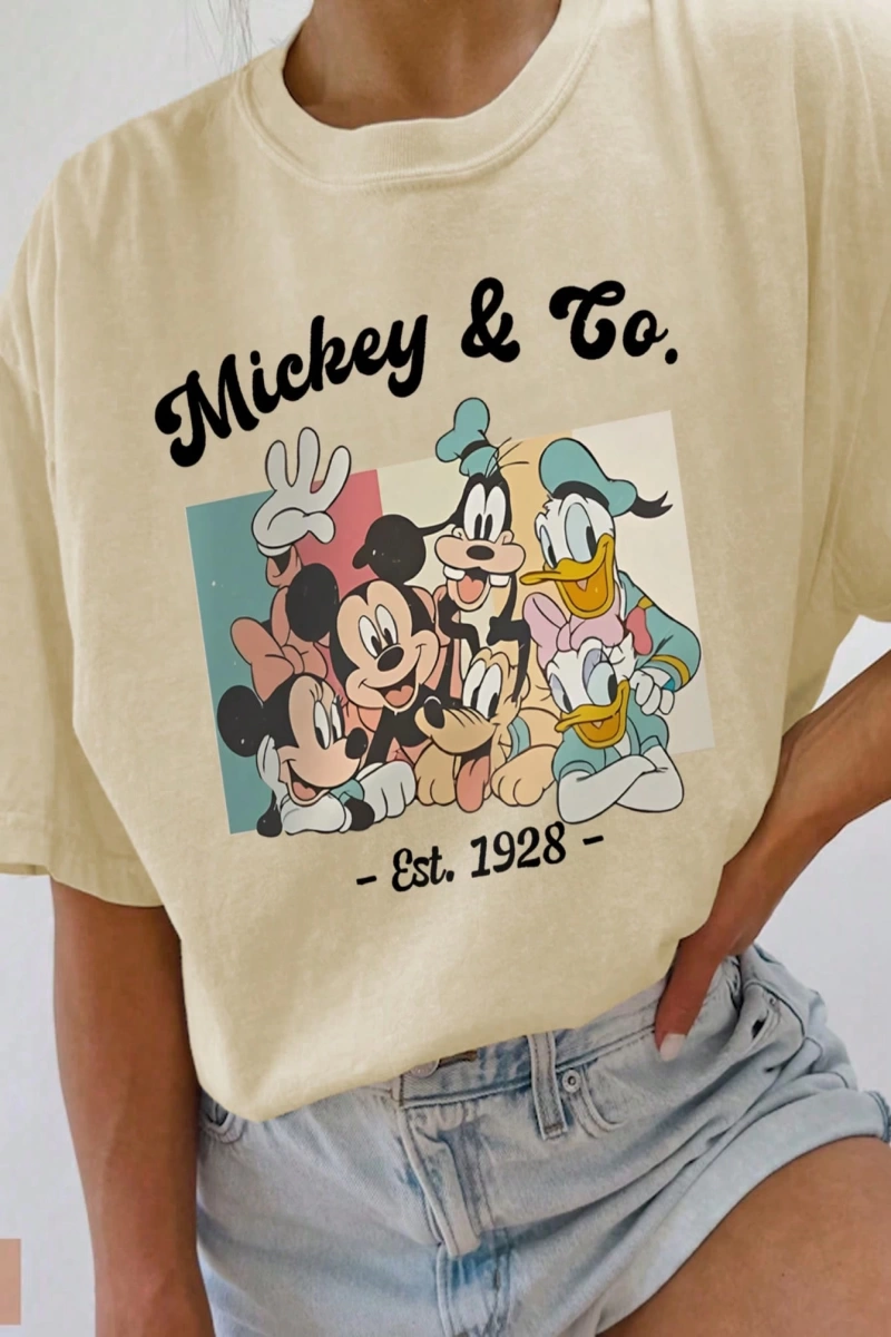 Disney Kadın Yaz Günlük Rahat Gevşek Yuvarlak Yaka Kısa Kollu Tişört Sevimli Disney Çizg